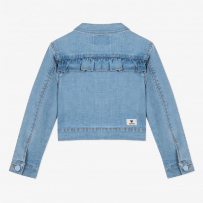 Casaco de ganga azul claro de manga longa com folho e etiqueta com coração