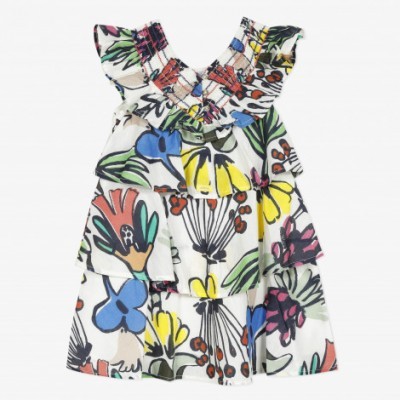 Vestido infantil branco com padrão floral colorido e babados no decote