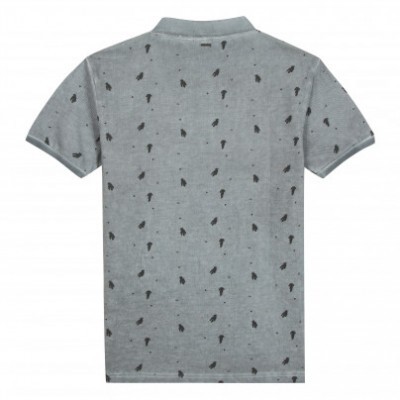 Polo cinzento com estampas pretas e gola, vista traseira