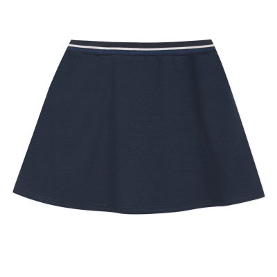 Saia azul escuro com cós elástico riscado em branco e rosa claro