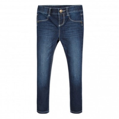 Calças de ganga azul escuro com fecho por botão metálico e zipper