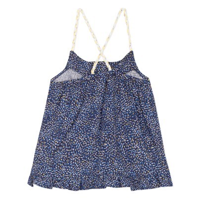 Camisola azul escura com padrão de folhas e alças cruzadas