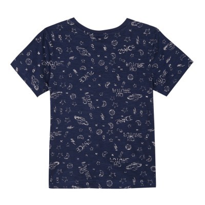 T-shirt azul escura com estampado de espaço e textos brancos