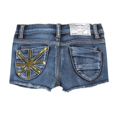 Calções de ganga azuis com bolsos e padrão da bandeira britânica