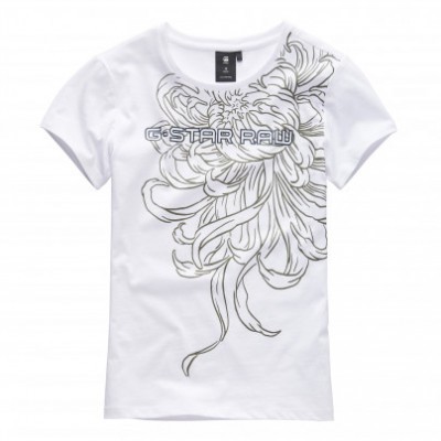 T-shirt branca com estampa floral cinza e texto G-STAR RAW