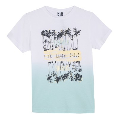 T-shirt branca e azul claro com estampa de palmeiras e texto LIFE LAUGH SMILE