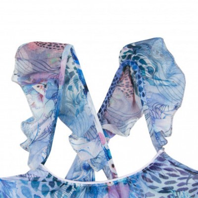 Parte superior de roupa de banho feminina azul com padrão floral e alças cruzadas