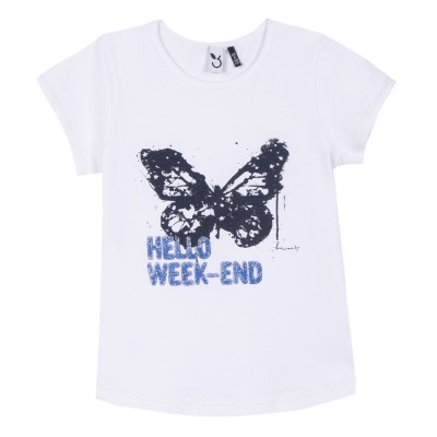 T-shirt branca com estampado de borboleta e texto azul