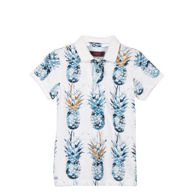 Polo branco de criança com padrão de abacaxis azuis e laranja
