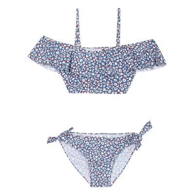 Biquíni azul com padrão de manchas coloridas e alças finas.