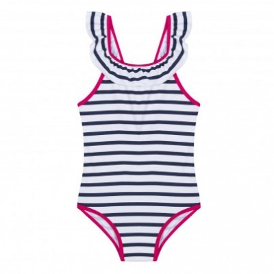 Fato de banho infantil às riscas azul marinho e branco com detalhes rosa