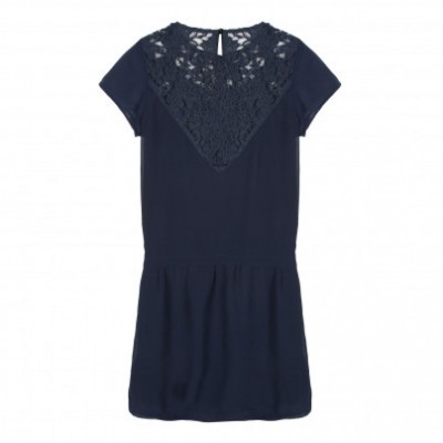 Vestido feminino azul escuro com detalhe de renda floral