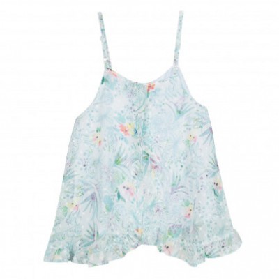 Top floral leve com alças finas e folho na bainha