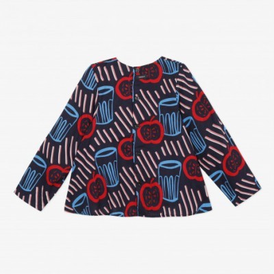 Camisola infantil de manga comprida com padrão colorido de copos e frutas