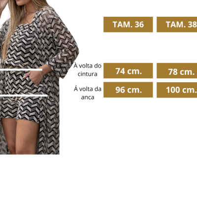 Vestido transparente preto e branco com tabela de medidas para tamanhos 36 e 38.