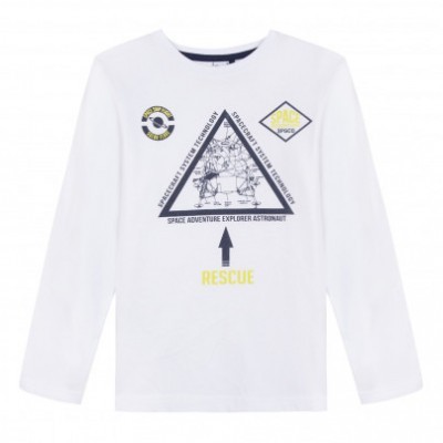 Camisola branca de criança com estampados astronautas e texto
