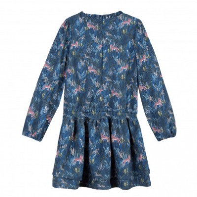 Vestido azul escuro com padrão floral e mangas compridas