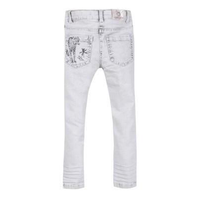 Calças de ganga cinza claro para criança com estampas pretas no bolso traseiro