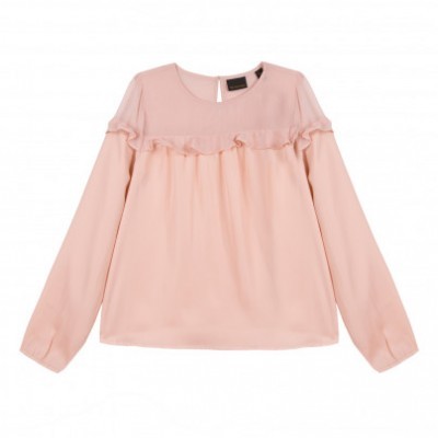 Blusa feminina rosa clara de manga comprida com folhos