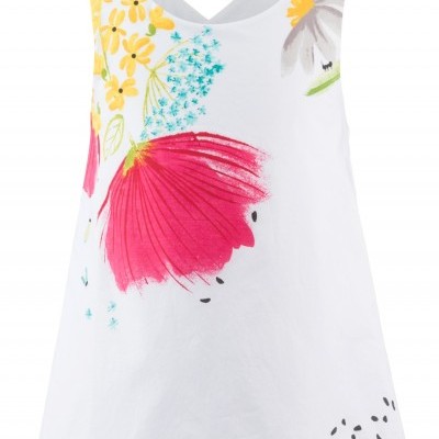 Top feminino branco com estampado floral e decote em V nas costas