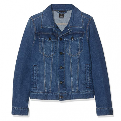 Casaco de ganga azul com botões pretos e bolsos com aba