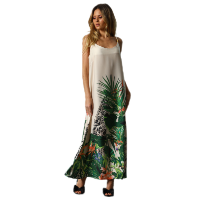 Vestido longo bege com padrão tropical e onça