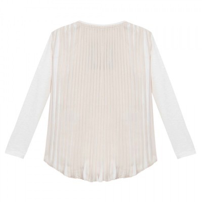 Camisola feminina manga comprida, branca com frente plissada bege