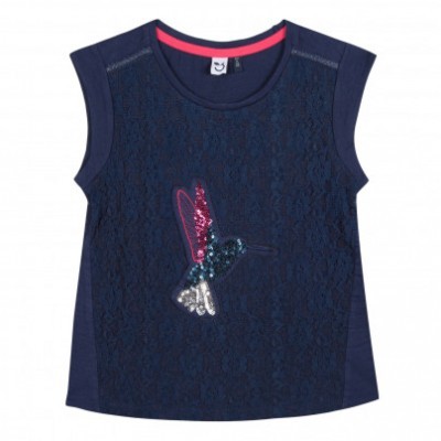 Camisola azul escura sem mangas com renda e aplicação de pássaro em lantejoulas