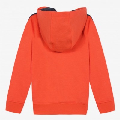 sweatshirt com capuz laranja vista de costas com interior do capuz azul escuro