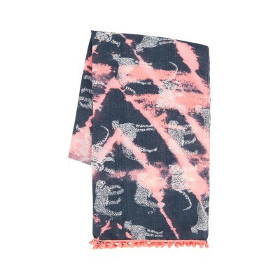 Lenço com padrão abstrato preto e rosa, franjas laranja