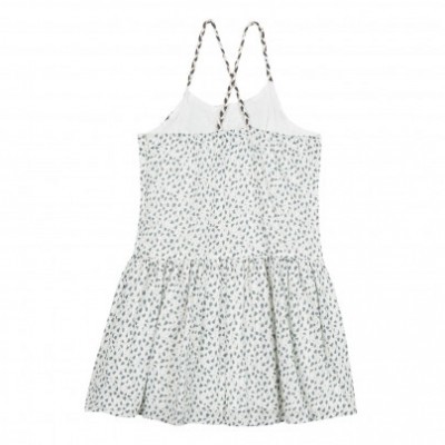 Vestido branco com padrão de manchas cinzentas e alças cruzadas