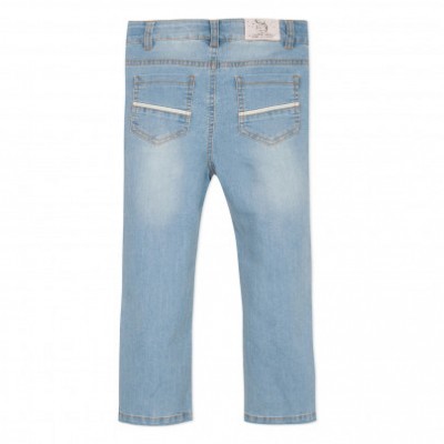 Calças de ganga azul claro para criança com bolsos e etiqueta