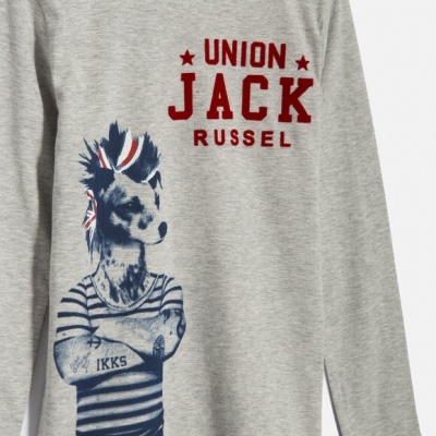 T-shirt cinzenta manga comprida com estampa cão punk e texto UNION JACK RUSSEL