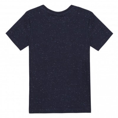 Camisola preta de manga curta com pequenos pontos brancos, vista de costas