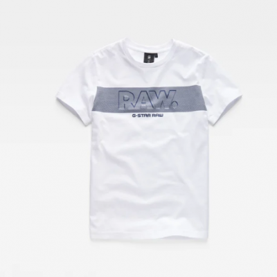 Camiseta branca G-STAR RAW com estampa azul cinzento e texto RAW. G-STAR RAW