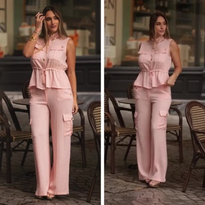 Conjunto Feminino Rosa com Calça Larga e Colete Miss You