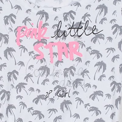 Camiseta branca com estampado de palmeiras e texto pink little STAR.
