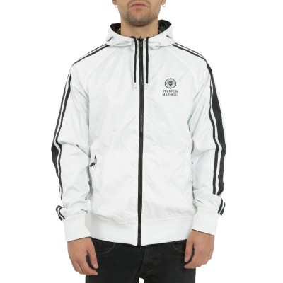 Casaco desportivo branco com fecho preto, riscas pretas nas mangas e texto FRANKLIN MARSHALL no peito