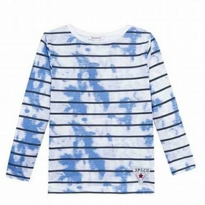 T-shirt de manga comprida com riscas pretas e manchas azuis sobre fundo branco