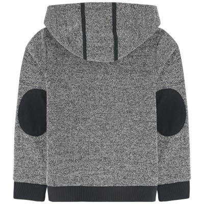 Camisola cinzenta com capuz e cotovelos pretos