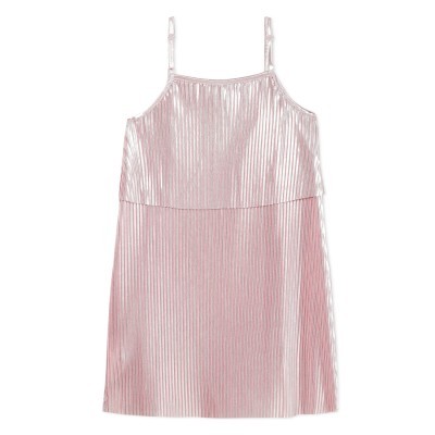 Vestido curto rosa claro com alças finas e riscas verticais finas