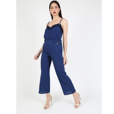 Conjunto azul marinho feminino top com renda e calças largas com botões