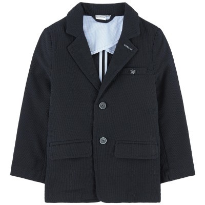 Blazer infantil preto com padrão de risca fina e detalhes de bolsos.