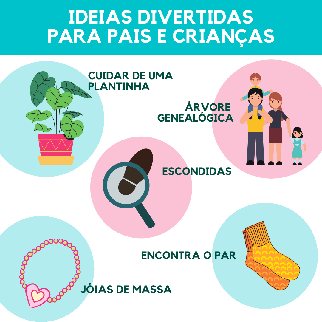 Ilustrações coloridas com ideias divertidas para pais e crianças em texto português