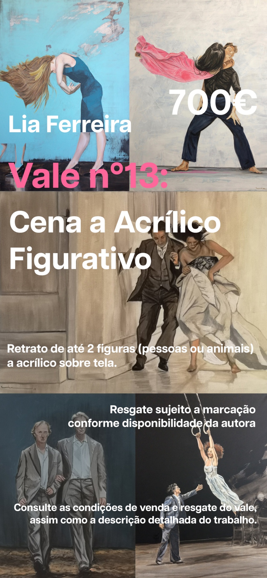 Vale Nº13 - Cena a Acrílico Figurativo Montagem de pinturas figurativas a acrílico com textos promocionais