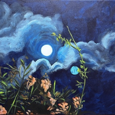 Tela pintada céu noturno com lua cheia, nuvens, plantas e flores.