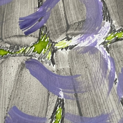 Pano com padrão abstrato cinza, roxo e verde-lima