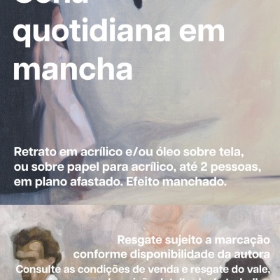 Pintura artística de dança e futebol com texto publicitário em português.