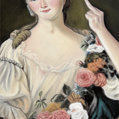 Pintura oval de mulher do século XVIII com vestido branco e flores