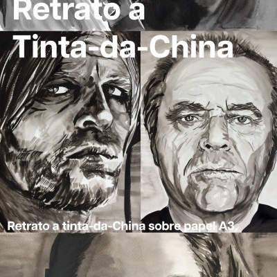 Cartaz promocional com três retratos em tinta-da-china sobre papel A3 e texto de oferta de retrato por 300 euros